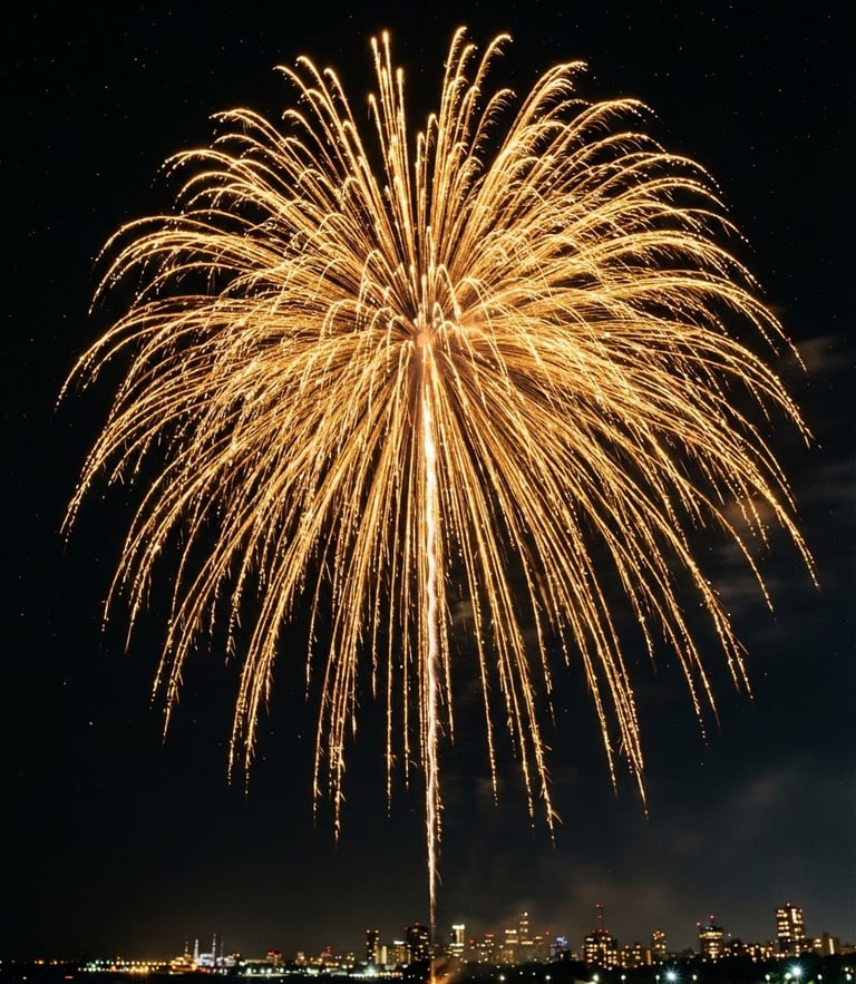 Vibrant night photography of a gold willow firework burst in a sharp dark sky, long exposure, sharp focus, 35mm