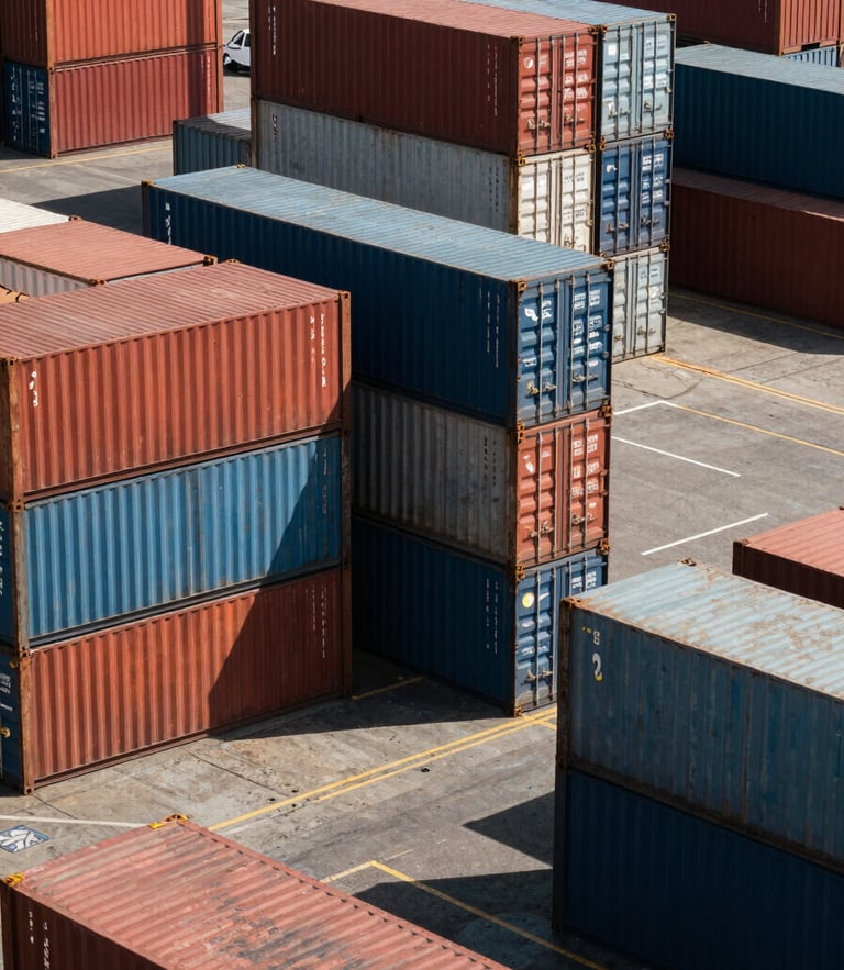 A wide-angle, high-contrast shot of stacked shipping containers at a busy West African port, harsh direct sunlight casting deep geometric shadows, industrial scale.