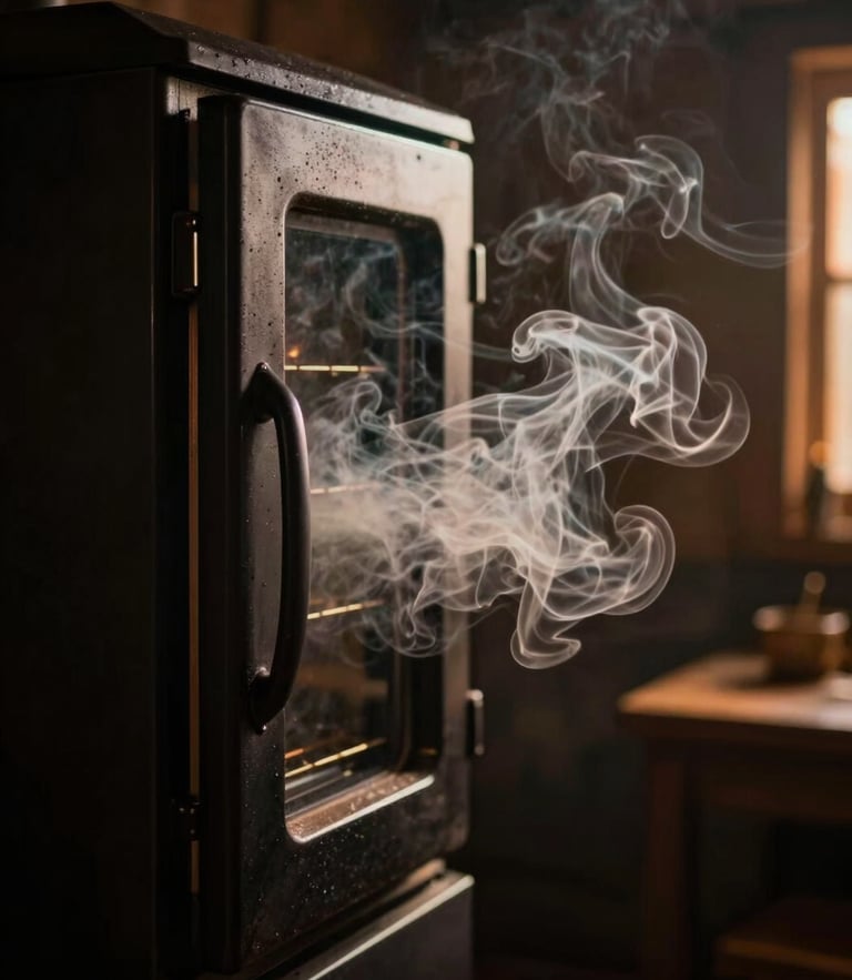 Dramatic close-up of a seasoned black offset smoker door slightly open, thick white oak smoke escaping into a dark, moody rustic room, warm amber side-lighting.