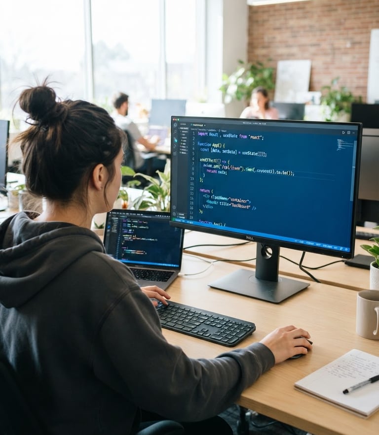 Over-the-shoulder view of a student developer monitor displaying clean React code, soft cool screen glow, bright natural daylight in a modern workspace.