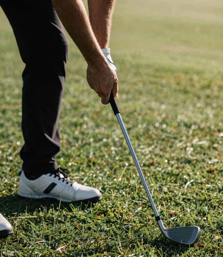 Tight dynamic crop of hands gripping a golf club with high-contrast morning light, dew-covered grass in background