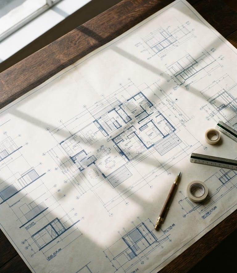 A top-down view of architectural blueprints laid out on a dark wooden table, natural sunlight casting soft window pane shadows across the paper, 35mm crisp editorial.