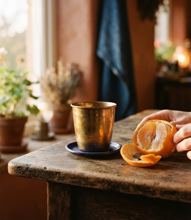 Warm editorial photography of a hand-burnished brass cup resting on a rustic wooden table next to a half-peeled orange, golden-hour window light, soft shadows, rich terracotta tones, shallow depth of field, 35mm