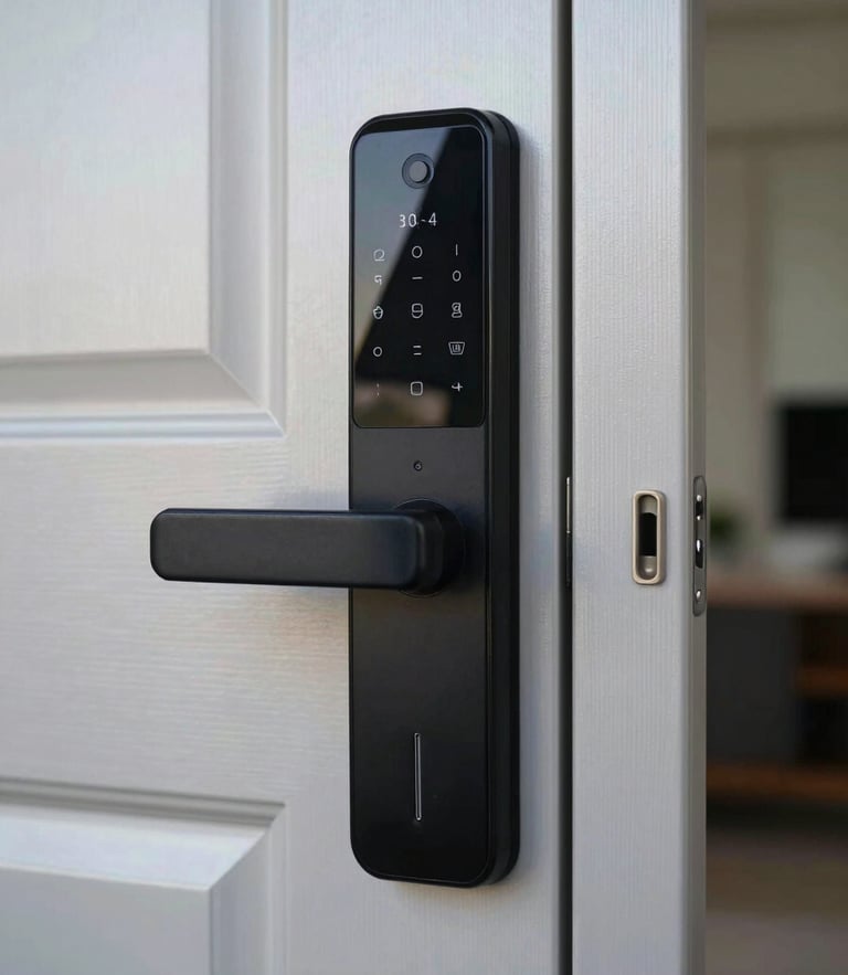 Straight-on architectural shot of a modern apartment door with a newly installed smart-lock interface, bright daylight reflecting off clean metal surfaces.