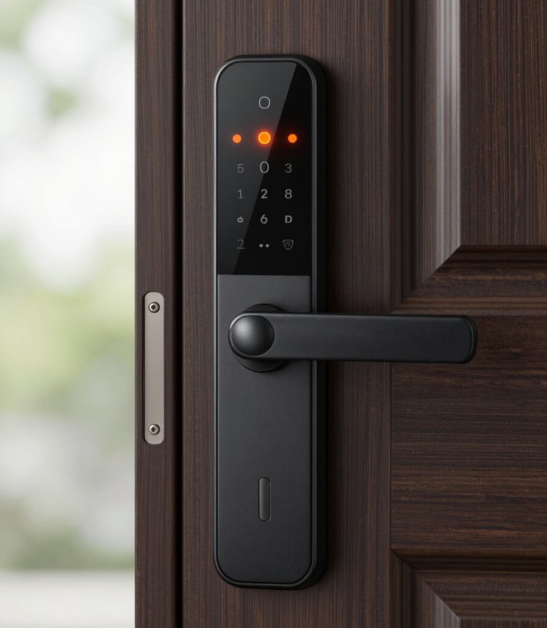 Tight macro shot of a sleek smart-lock interface on a modern dark wood door, safety-orange indicator light glowing, clean architectural framing, bright natural daylight.