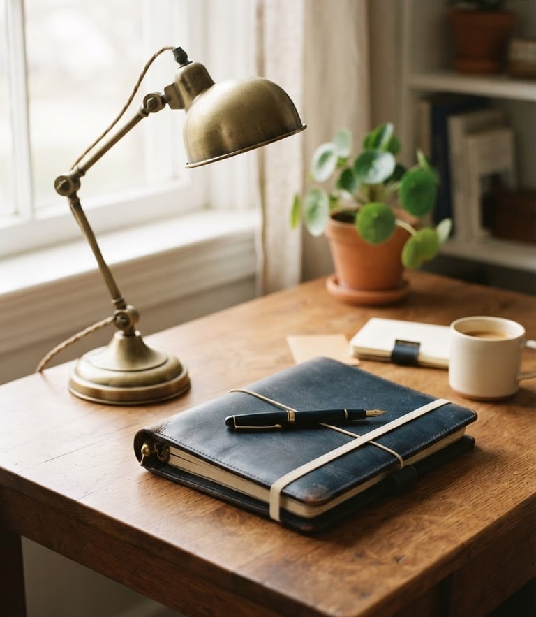 An organized, sunlit desk with a brass lamp, a closed leather planner, and a fountain pen, soft window light, 35mm film look.