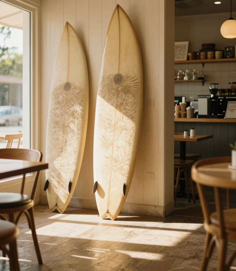 Bright sunlit cafe interior with vintage surfboards leaning against light wood walls, golden-hour sunlight streaming across the floor, cozy seating, warm editorial photography, 35mm