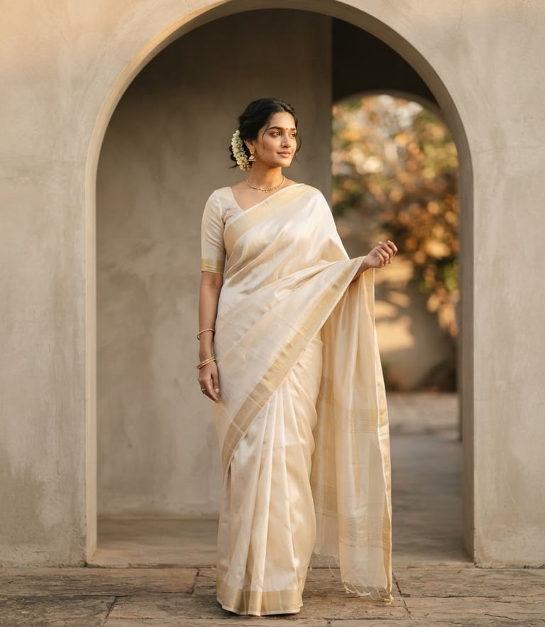 Editorial medium shot of a woman in a flowing cream mulberry silk saree standing against a minimalist architectural arch, soft golden hour light, warm editorial fashion photography.