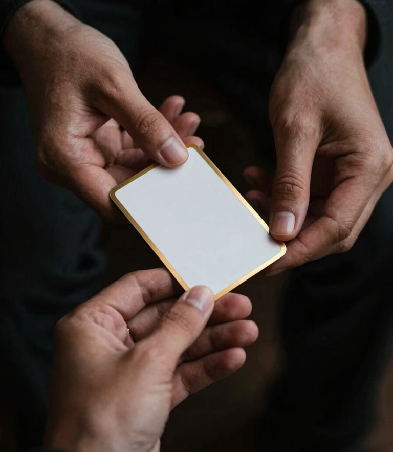 moody editorial photography, dark low-key lighting, hands in a dark charcoal suit holding a pristine, gold-bordered trading card under dramatic warm light, shallow depth of field, 35mm