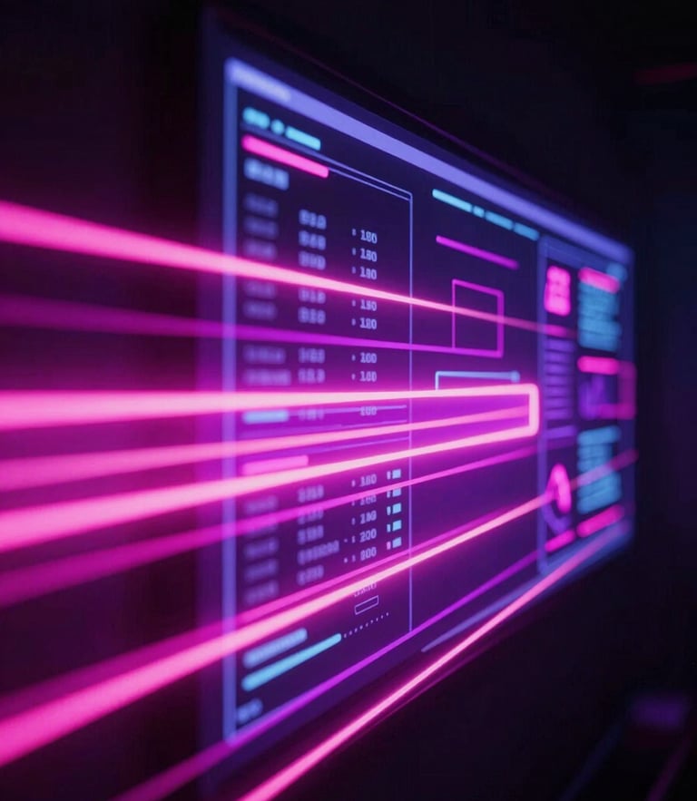 Dynamic neon light trails zooming past a glowing digital interface displaying analytics, dark obsidian background, intense magenta and violet neon lighting, 35mm