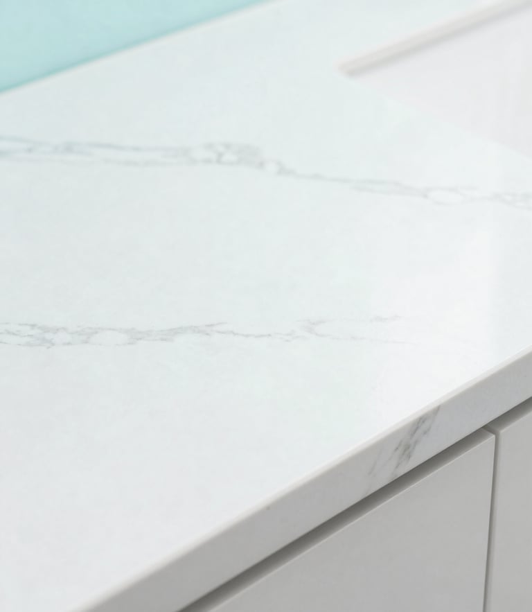 Bright high-key architectural photography, macro shot of a perfectly sanitized marble countertop reflecting soft cyan light, clinical clean aesthetic, daylight