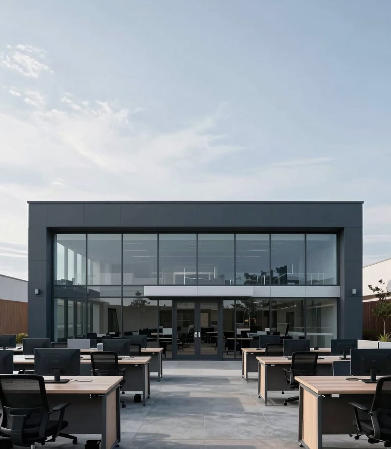 A clean, modern corporate office in Orem, Utah. Architectural framing, sharp focus, cool overcast daylight casting soft shadows on organized desks.