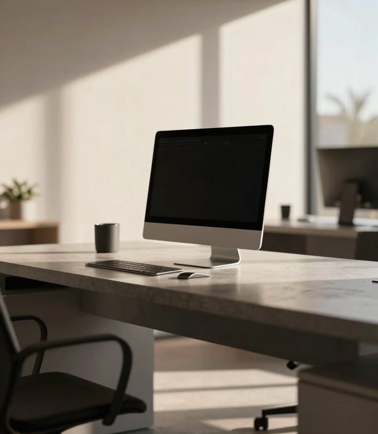 Warm editorial photography of a modern minimalist corporate office in Tolleson, Arizona. Soft window sunlight casting long, elegant shadows across a concrete desk with a clean digital dashboard, 35mm, shallow depth of field.