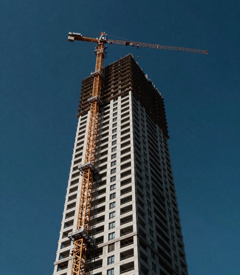 Low-angle heroic photograph of a modern high-rise tower under construction, towering cranes against a deep blue sky, sharp architectural daylight