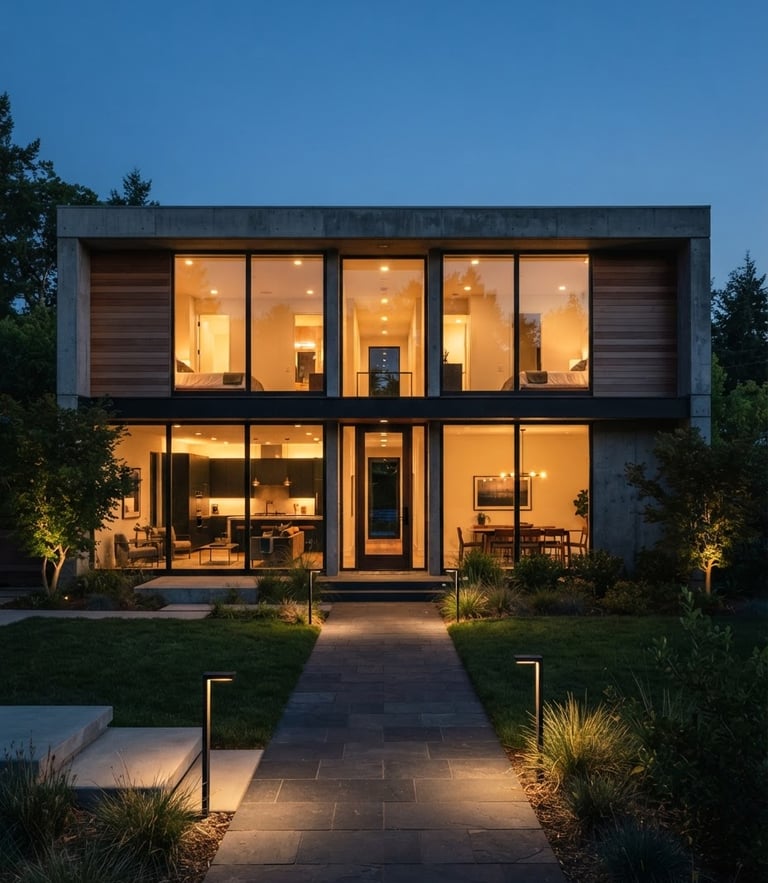 Straight-on architectural photography of a modern minimalist concrete and glass single-family home at dusk, warm interior lighting glowing through large windows, clean lines, 35mm