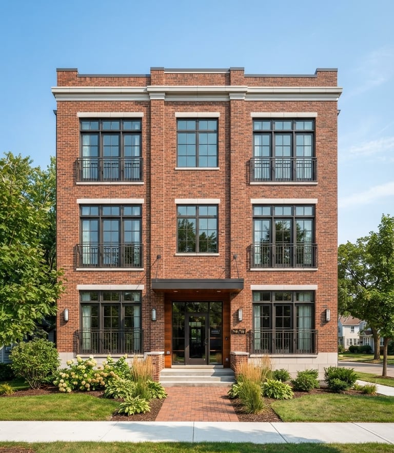 Straight-on architectural view of a renovated brick multi-family property in Royal Oak, bright natural daylight, clean sky