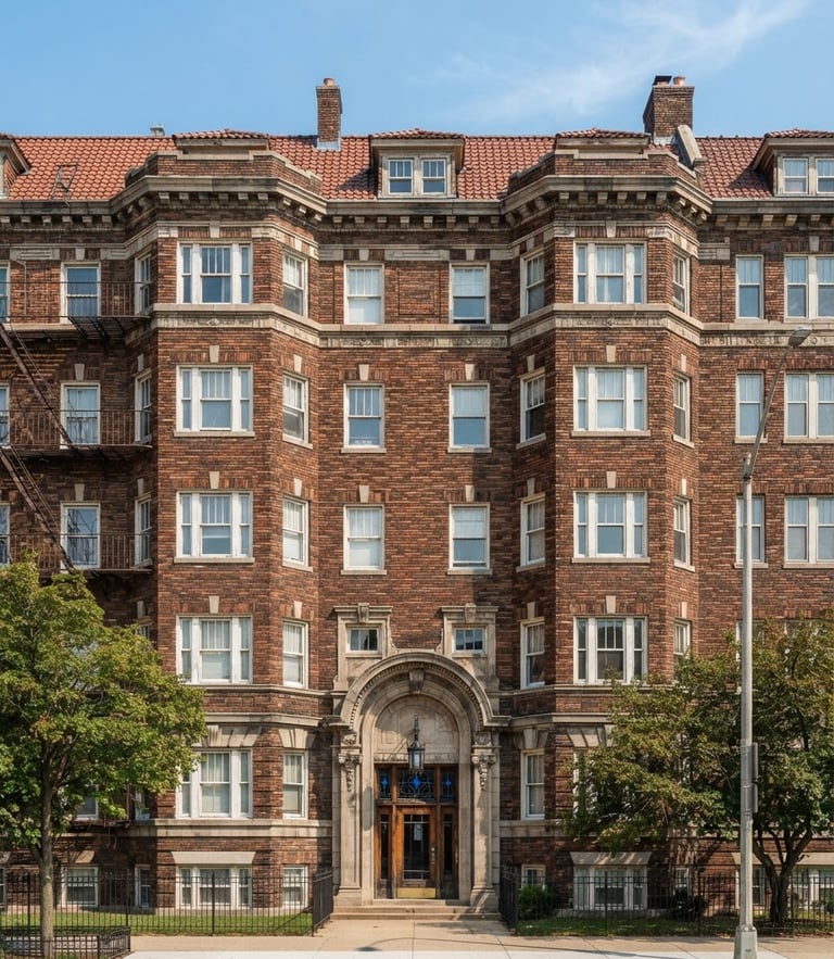 A bright architectural view of a classic Detroit brick residential building, sharp focus, clean daylight, 35mm lens.
