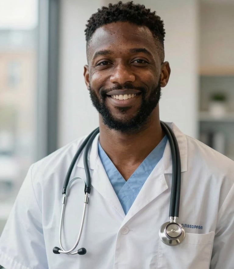 A warm, natural light portrait of a Black male clinician in a modern London clinic, wearing professional medical attire, smiling reassuringly, shallow depth of field, 35mm