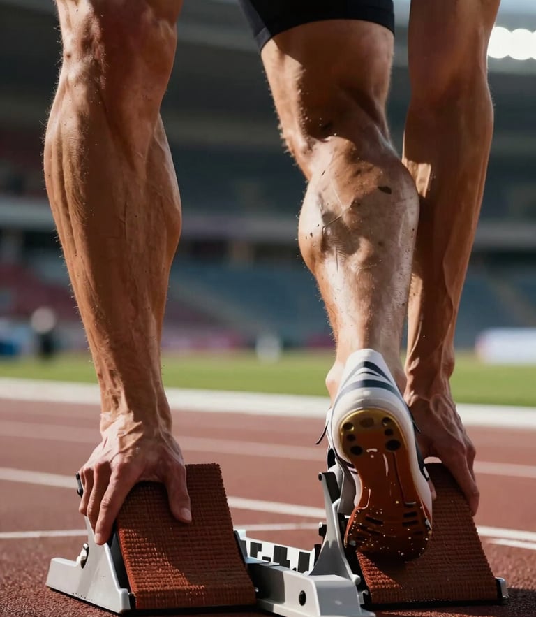 Extreme close-up of a sprinter's starting block moment, high-contrast stadium lighting, sharp focus on the tension, deep shadows.