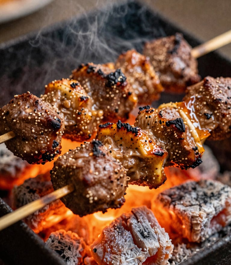 A tight, sensory close-up of sizzling mixed kebabs over glowing charcoal embers, rich amber and terracotta tones, shallow depth of field, 35mm film