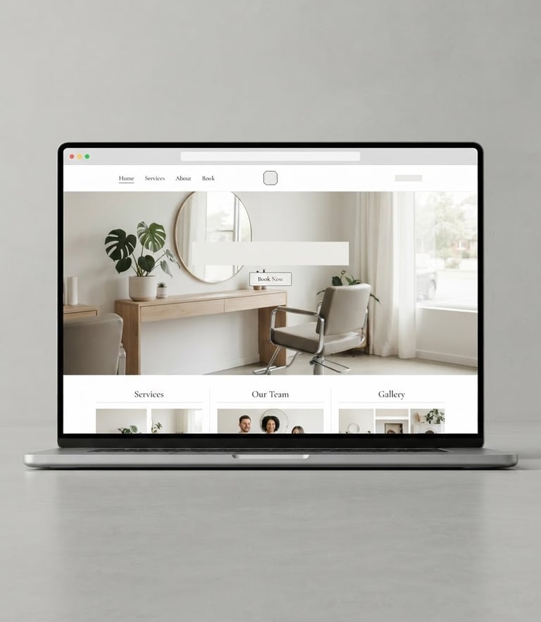 Minimalist clean browser mockup showing a local salon website, bright studio lighting, neutral grey background, sharp focus