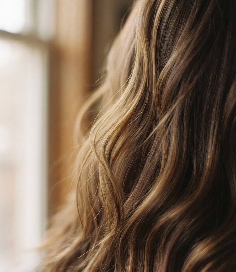 Close-up of soft textured brown hair with subtle golden highlights, captured in warm natural window light, shallow depth of field, professional 35mm film look