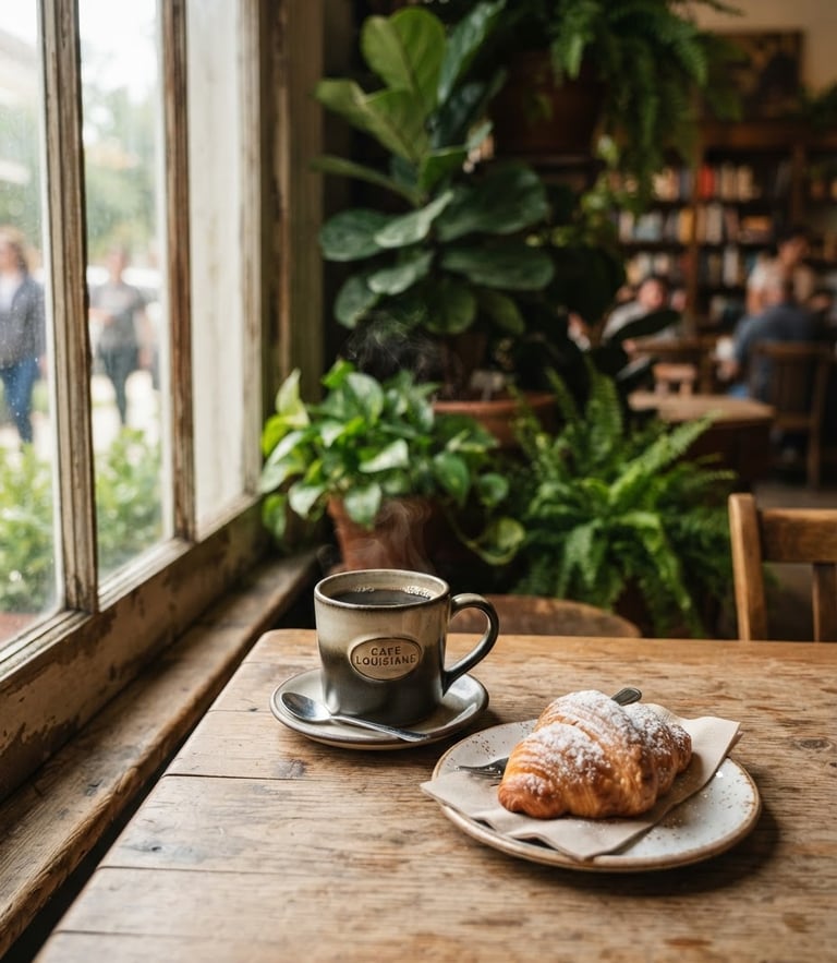 Warm editorial photography of a cozy corner in Cafe Louisiane, soft window light highlighting a steaming ceramic mug of black coffee and a freshly baked pastry on a rustic wooden table, deep green leafy plants in the background, shallow depth of field