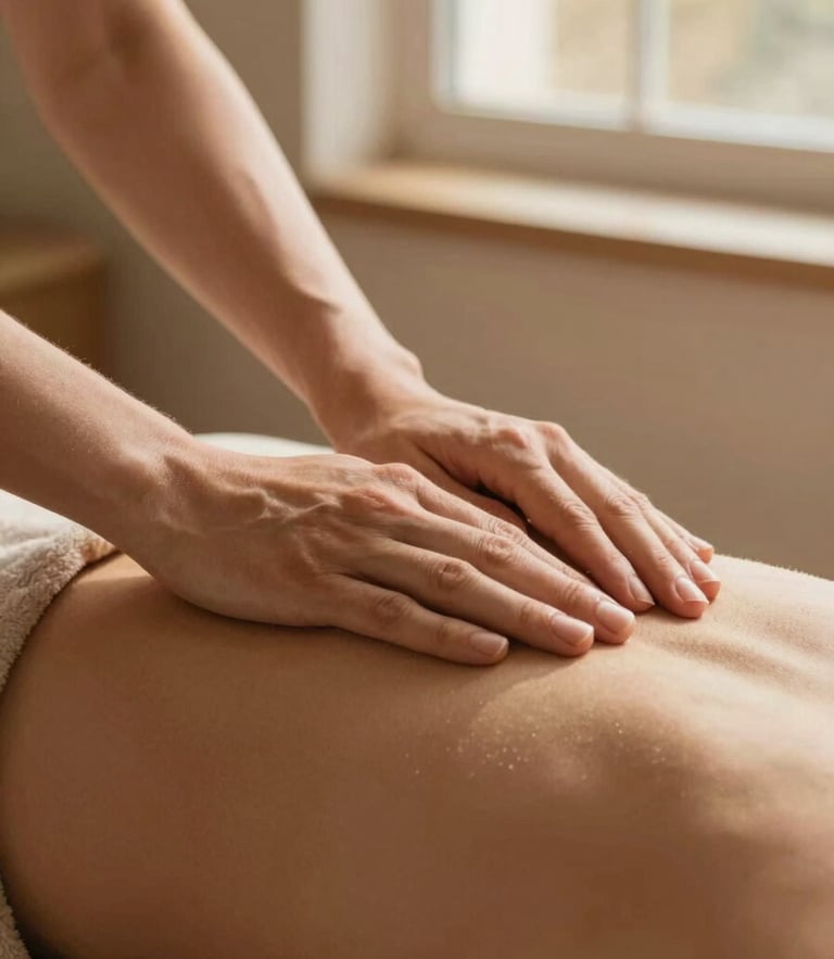 Close-up of gentle, warm hands-on somatic therapy, soft golden-hour window light, terracotta and sand tones, shallow depth of field