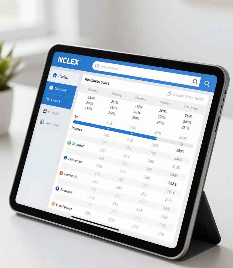 A high-fidelity dashboard preview showing NCLEX readiness scores, study streaks, and performance metrics on a modern tablet, bright editorial lighting.