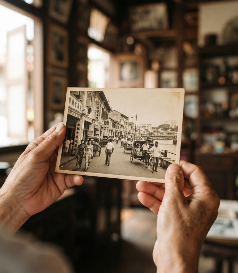 Close-up of hands holding a beautifully restored historical photograph from 1950s Singapore, soft natural daylight, warm indoor background showing traditional wooden shophouse frames