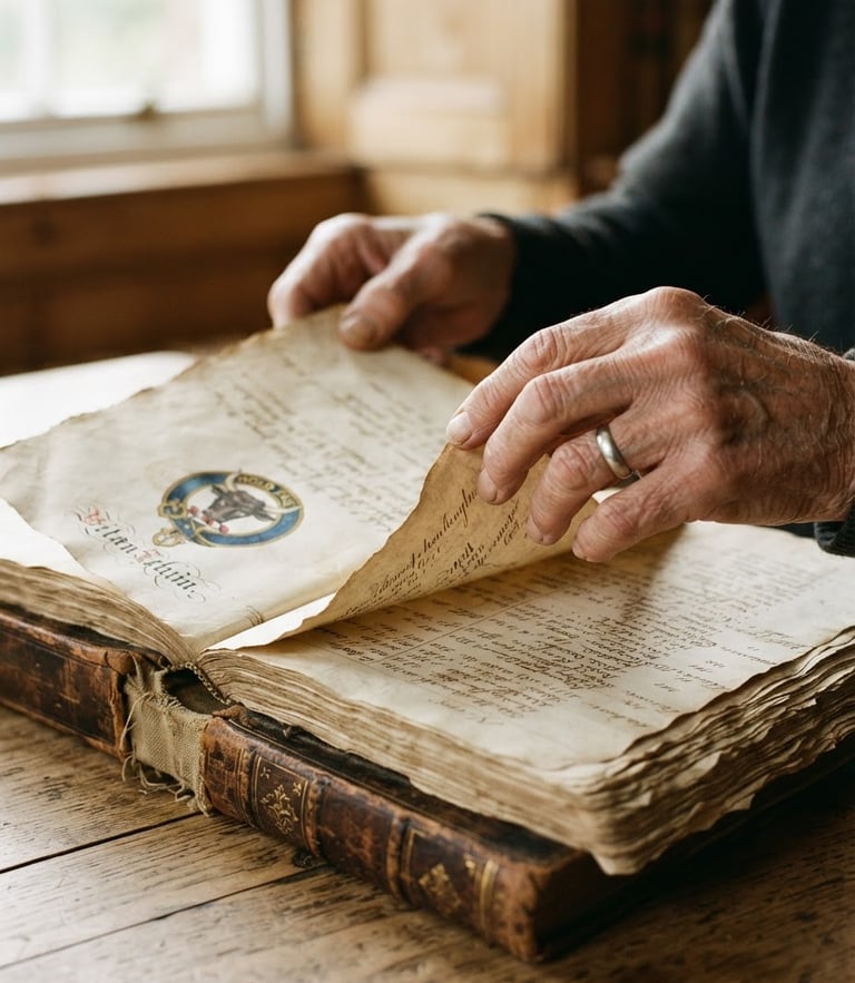 A close-up of aged hands carefully turning the pages of a hand-bound clan registry book, soft natural morning window light, warm paper textures