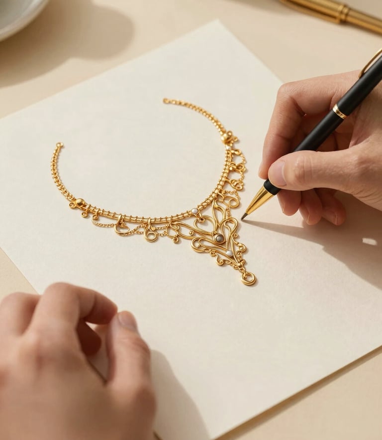 Overhead flatlay of hands sketching an intricate gold necklace design on handmade paper, warm sunlit studio daylight, soft champagne background, macro lens