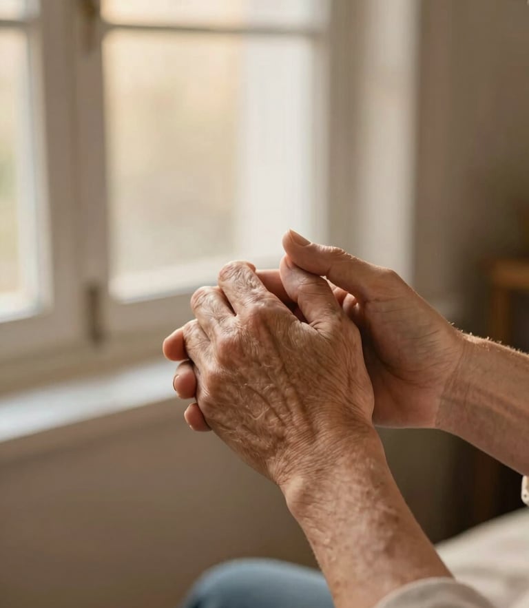 A close-up of a caregiver's hand gently holding an elderly person's hand, warm morning window light, soft domestic environment, shallow depth of field, 35mm