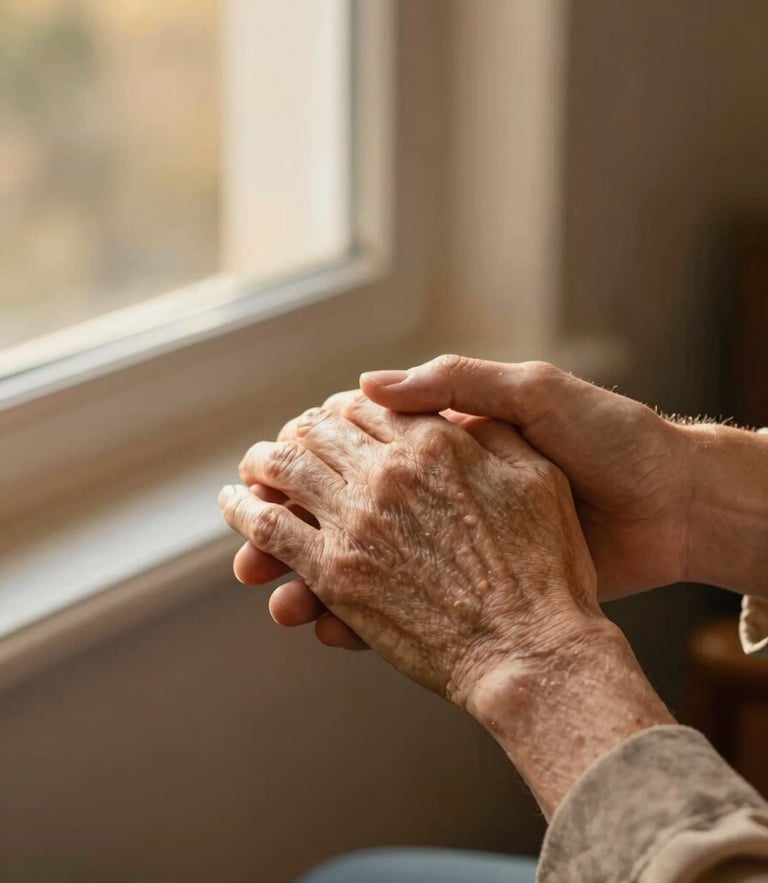 A warm editorial photograph of a caregiver gently holding an elderly hand near a sunlit window, cozy rich tones, shallow depth of field, 35mm