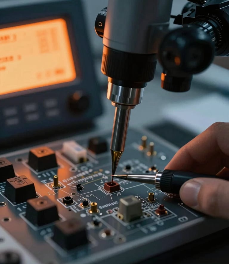 Macro close-up of high-precision electronic workbench, micro-soldering under a microscope, glowing diagnostic screen, cool laboratory lighting, deep slate and electric orange tones, high-contrast technical detail, 50mm lens