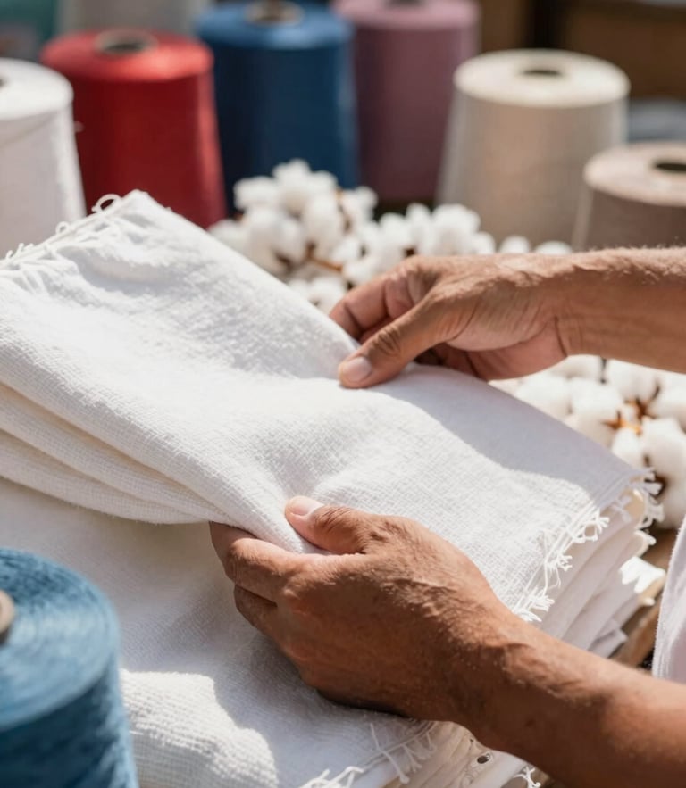 Close-up of a merchant hands inspecting high-quality cotton textiles in a vibrant market stall in Caruaru, bright natural sunlight, shallow depth of field.