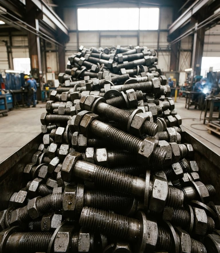 Low-angle heroic shot of stacked industrial steel bolts and heavy-duty fasteners, bright natural daylight, high contrast metallic textures, 35mm lens
