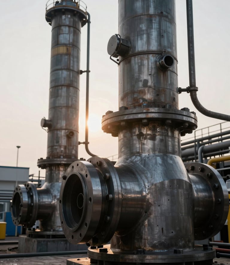 Dramatic industrial backlighting on massive steel refinery components, overcast gritty outdoor environment, extreme macro detail of precision engineering, zero people.