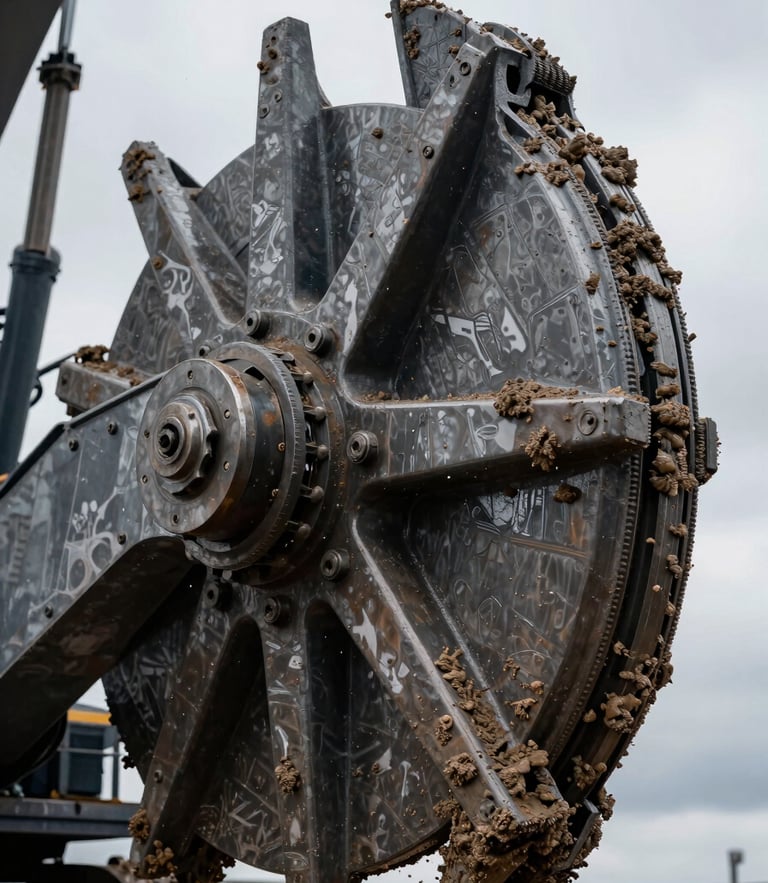 High-contrast close-up of a massive steel bucket-wheel excavator tooth, wet with mud, overcast sky, dramatic industrial scale