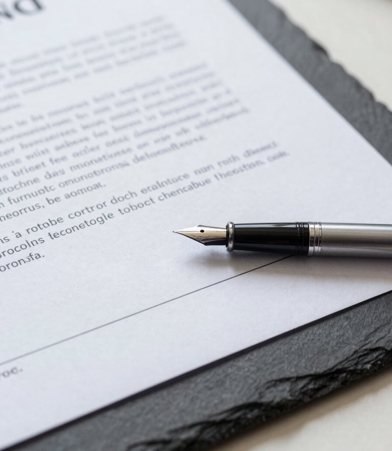 Close-up of a structured corporate contract on a slate table, a clean fountain pen resting on the signature line, bright neutral daylight, crisp shadows