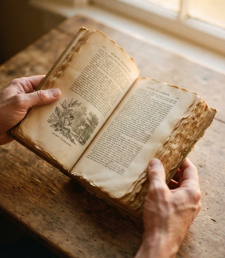 Overhead macro shot of hands holding an open physical book with yellowed deckle-edge pages, soft golden-hour window light casting warm organic shadows, 35mm photography