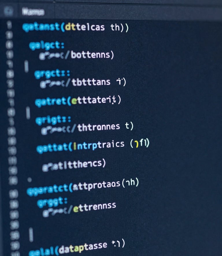 Macro close-up of clean database schema SQL code on a dark high-resolution monitor, cool blue and slate tones, sharp focus