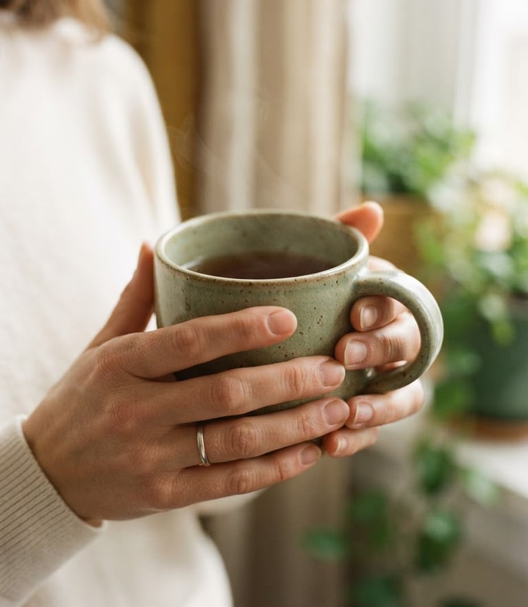 A serene, close-up photograph of hands holding a warm ceramic mug in soft morning window light, muted sage tones, shallow depth of field, 35mm film texture.