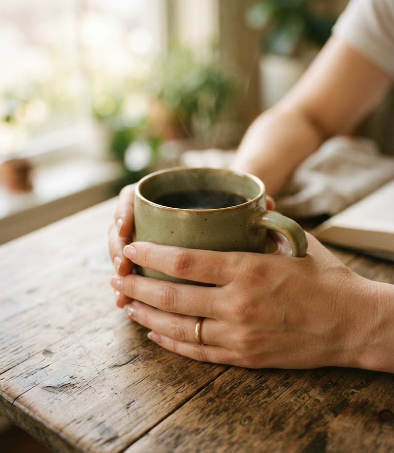 A close-up of hands holding a warm ceramic mug on a wooden table, soft morning window light, muted sage and gold tones, shallow depth of field, 35mm film texture