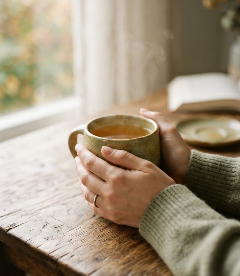 A close-up photograph of hands holding a warm ceramic mug on a wooden table, soft morning window light, muted sage and gold tones, shallow depth of field, 35mm film texture.