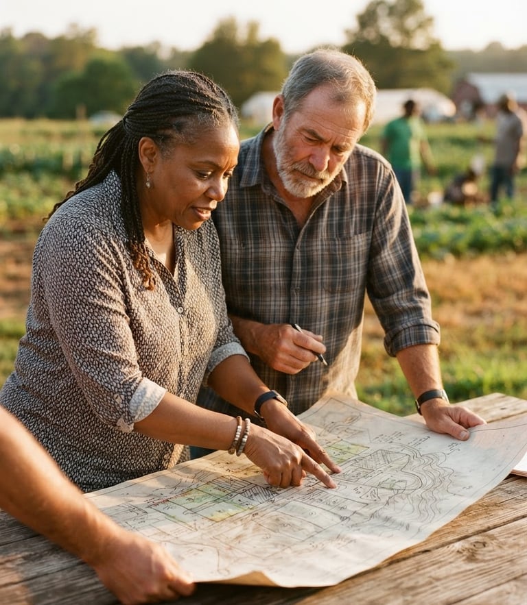 Close-up of two community leaders reviewing an agricultural project map under warm golden-hour sun, shallow depth of field, 35mm