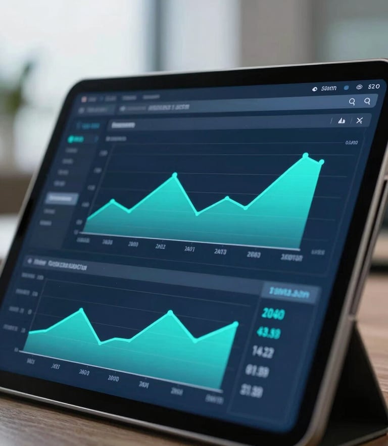 A close-up of an executive tablet displaying a clean financial dashboard with neon cyan charts, cool office daylight reflecting off the screen, sharp focus, 35mm