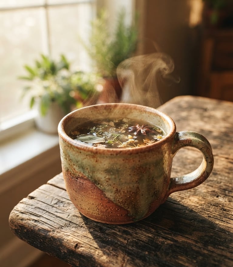 Close-up of steaming herbal tea in a rustic ceramic mug on a weathered wooden table, soft afternoon sunlight filtering through a window, warm terracotta tones.