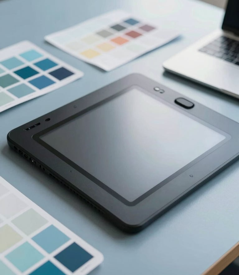 A clean, modern workspace setup with a graphic designer's tablet, color swatches in slate blue, soft diffused natural daylight, 35mm film look