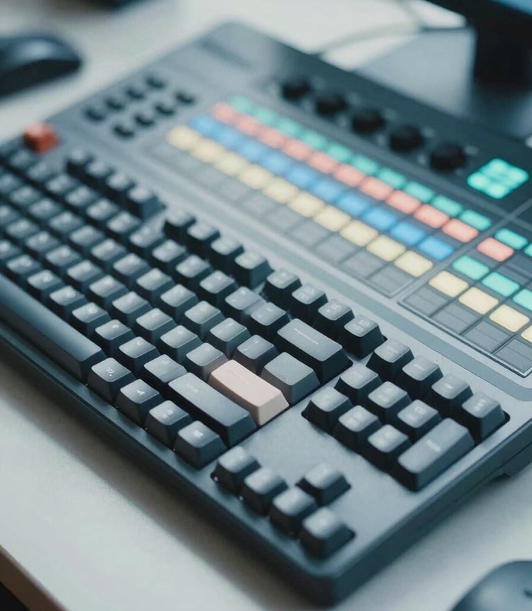 A close-up shot of a modern editing bay with a mechanical keyboard and a color-grading console, soft diffused natural daylight casting cool blue and slate undertones across the workspace, shallow depth of field, clean 35mm film look